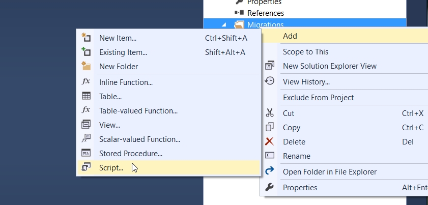 In Solution Explorer, the Migrations folder is selected. From its right-click menu, Add / Script is selected.